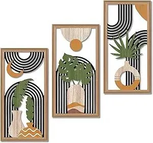 Putuo Decor Boho Abstract Wall Art Set of 3, Modern Minimalist Wooden Wall Decor, Geometric Aesthetic Botanical Artwork, Mid-Century Modern Design for Living Room, Bedroom, Office, Black 16.5 x 8.6