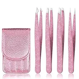 Eyebrow Tweezer Set, 4 Pcs Professional Stainless Steel Tweezers for Women, Precision Tweezer for Facial Hair, Splinter and Ingrown Hair Removal(Rose Gold)