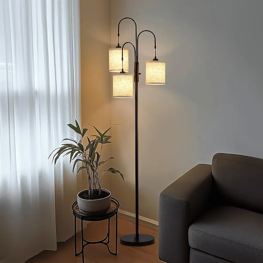 BIGHOUSE 3-Lights Tree Floor Lamps For Living Room 2700K Soft Warm Rotary Switch Textured Linen Lamp Shade (3 LED Bulbs Included)