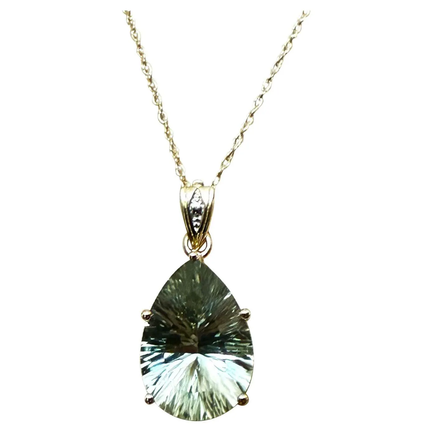 10k Yellow Gold 10.21 Carat Prasiolite & Diamond Pendant w 14k Yellow Gold Chain