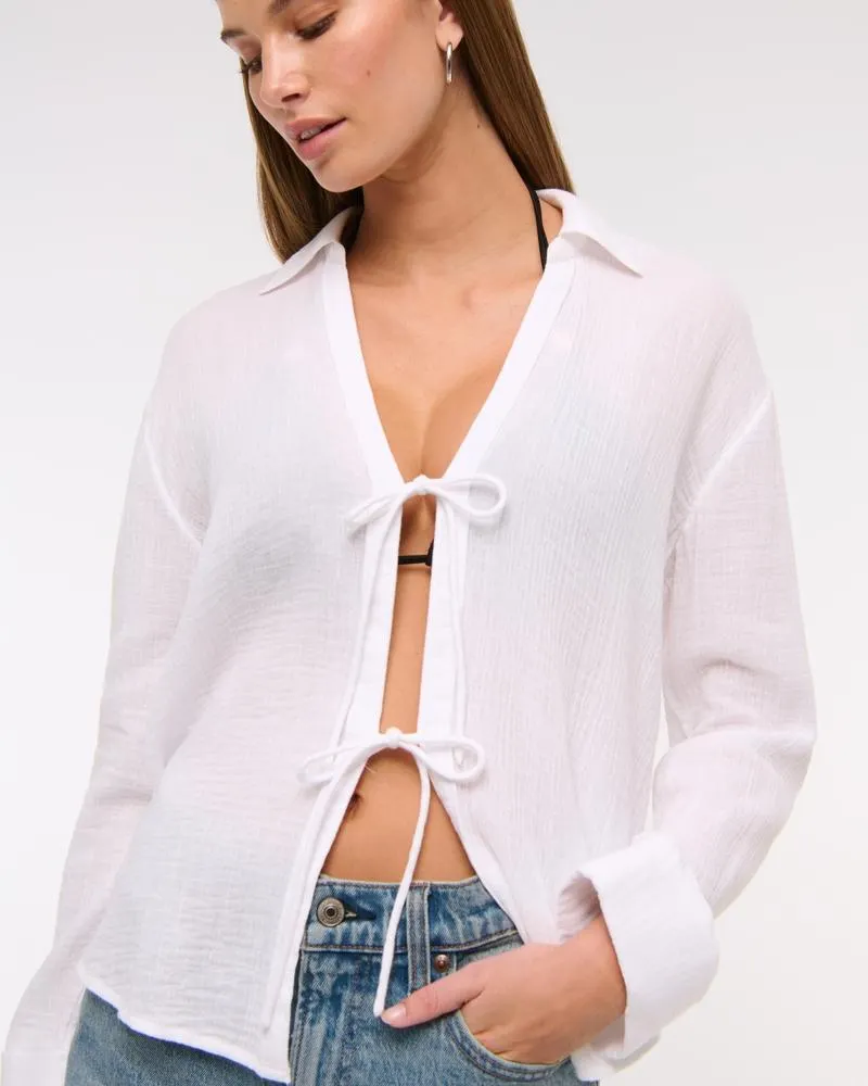 Long-Sleeve Oversized Tie-Front Gauzy Shirt