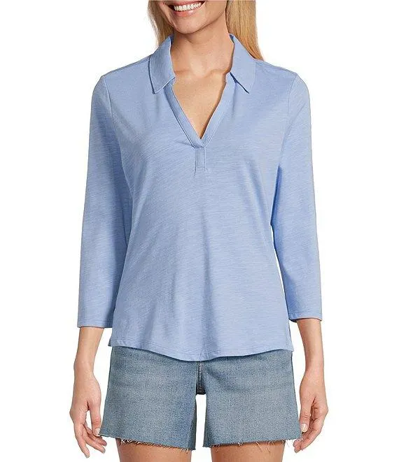 Ashby Isles Solid Stretch Jersey Johnny Collar V-Neck 3/4 Sleeve Fitted Top