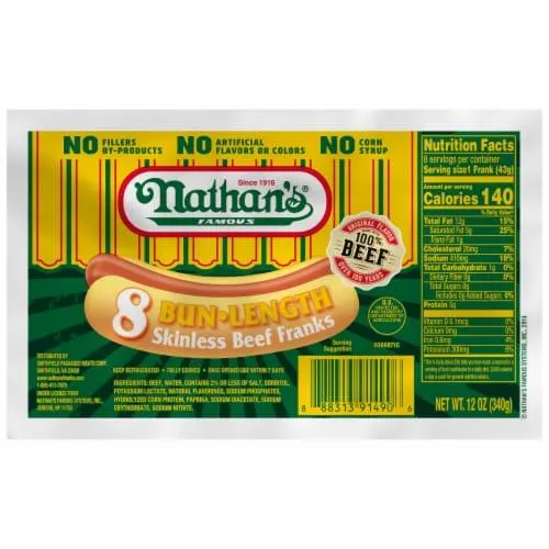 Nathan's Famous Bun Length Skinless Beef Hot Dog Franks