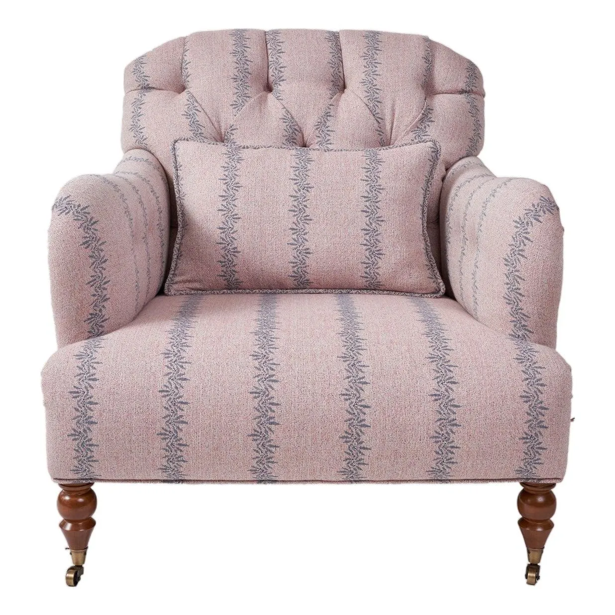Tufted Club Chair Upholstered in Ferrick Mason Anne Rose Blue Woven