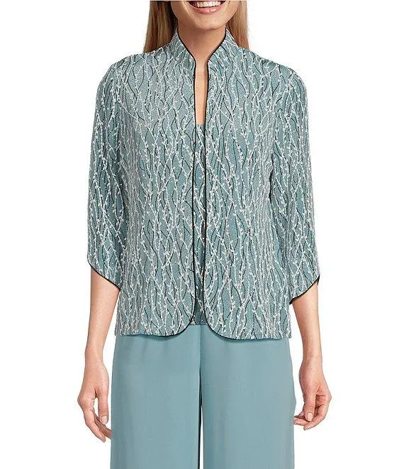 Petite Size Glitter Jersey Knit Mandarin Collar 2-Piece Twinset