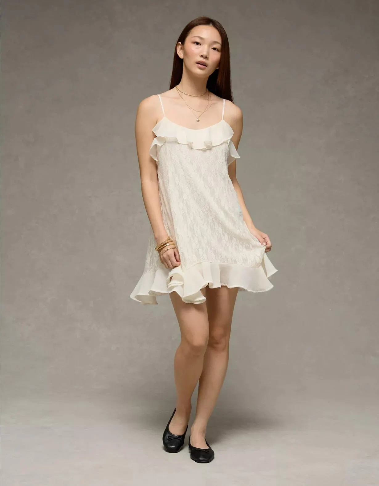 AE Lace Handkerchief Hem Ruffle Mini Dress