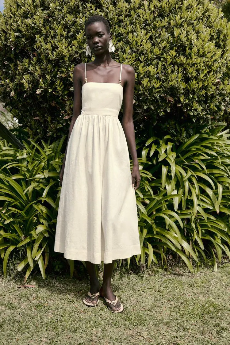 LINEN BEADED STRAP MIDI DRESS