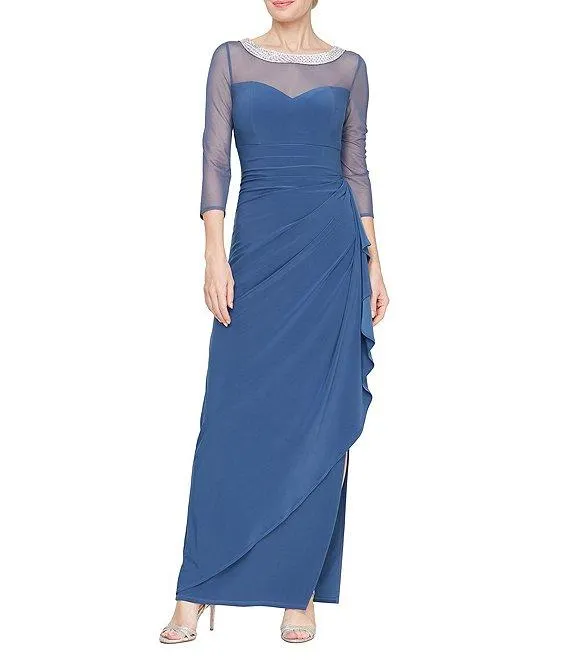 Illusion Mesh 3/4 Sleeve Round Neck Side Slit Ruched Gown