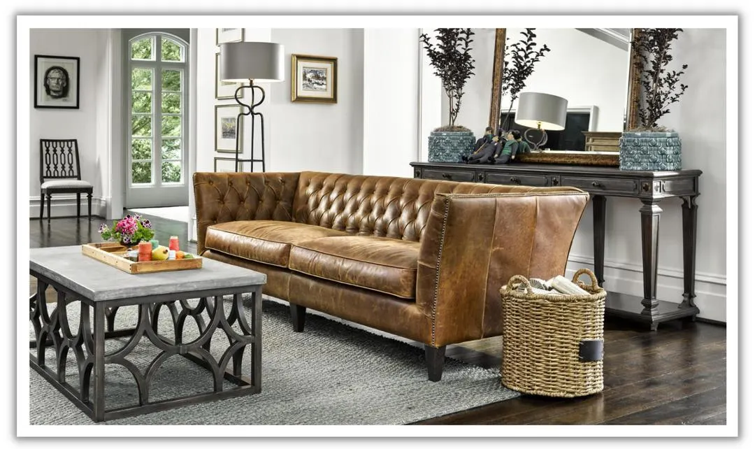 Universal Duncan 2-Seater Brown Leather Sofa with Tufted Back Arms