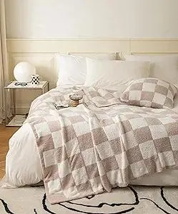 Ultra Soft Cozy Buffalo Checkerboard Grid Fluffy Microfiber Knitted Throw Blanket Lightweight Fleece Checkered Blanket for Sofa Couch Bed Travel Cream 51"X63"