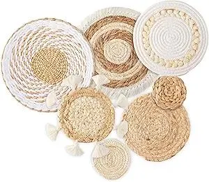 7 Pack Boho Wall Basket Decor - Seagrass Rattan Wicker Wall Decor Round Handmade Hanging Rustic Flat Elegant Wall Art for Farmhouse Living Rooms Bedrooms Display Table Settings Kitchen Home