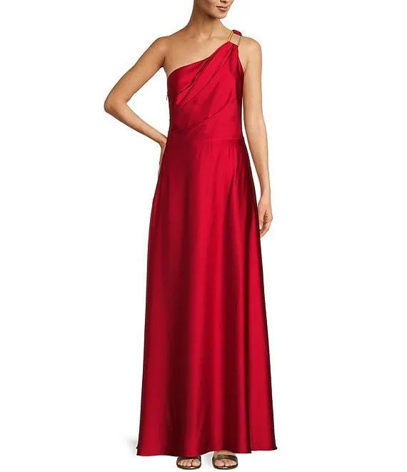 Camila Stretch Satin Asymmetrical One Shoulder Metal Loop Strap A-Line Maxi Dress