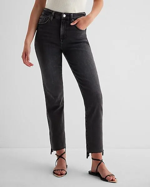 High Waisted Washed Black Raw Hem FlexX Straight Ankle Jeans