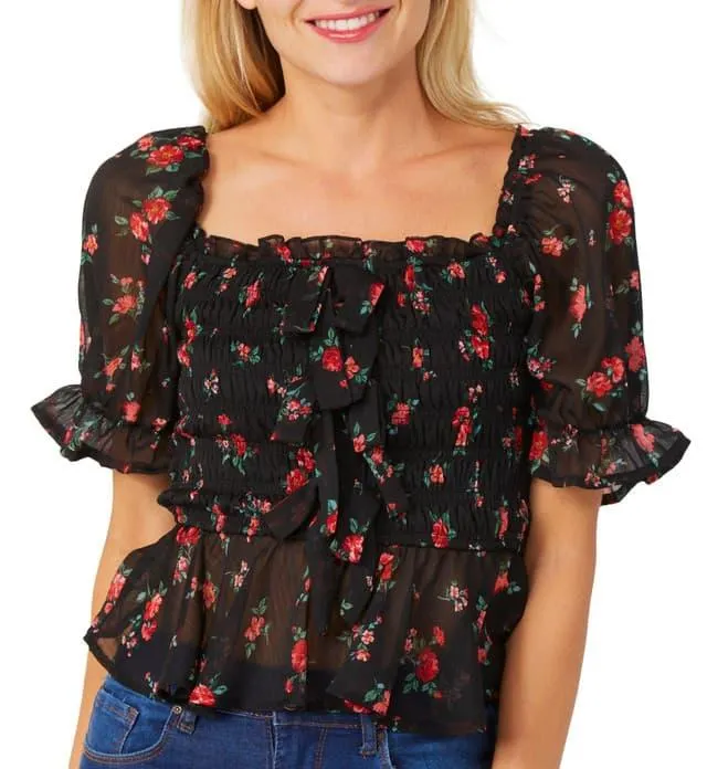 Trixxi Juniors Short Sleeve Floral Chiffon Top