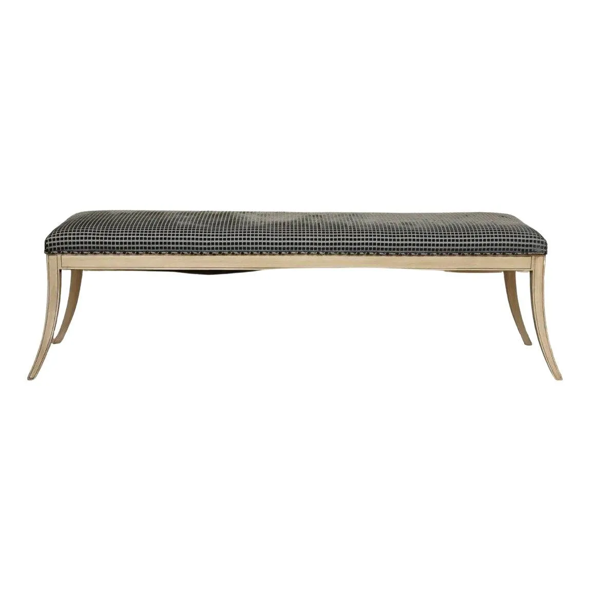 Painted Sabre Leg Bench With Custom Blue Geometric Fabric