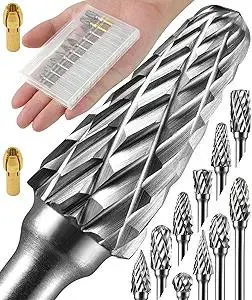 10 Pcs Carbide Burr Set 1/8" Shank w/ 2 Collets Compatible with Dremel Bits Rotary Tools Attachment Kit Rasp Drill File Accessories Metal Wood Stone Steel Grinding Carving Cutting Polishing