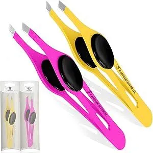 Professional Eyebrow Tweezers Slanted Tip Stainless Steel 2,3xPcs Set, Non-Slip Grip Slant Tip Tweezers for Facial Hair, Plucking Removing Ingrown Hairs, Tweezer for Women Men (Yellow&Pink)