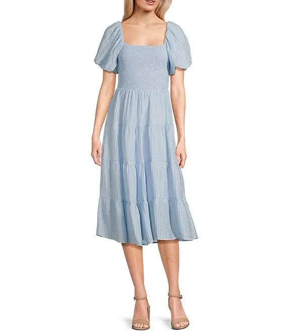 Crinkle Woven Square Neck Short Puff Sleeve Smocked Bodice Dress