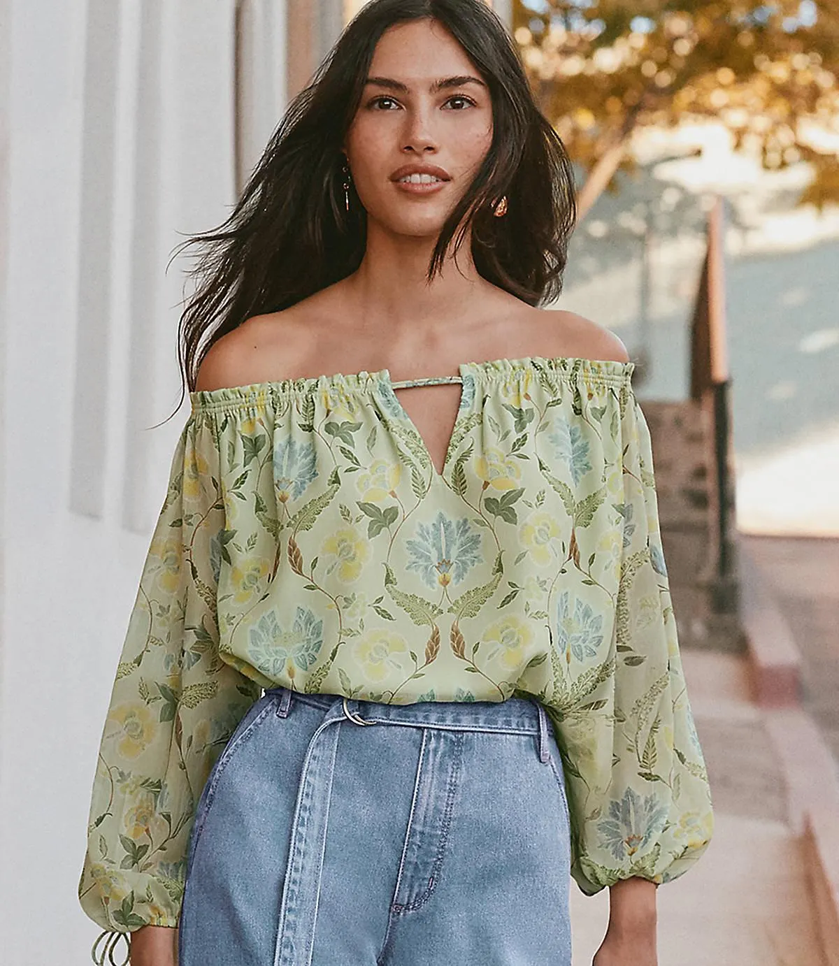 Floral Tie Cuff Off The Shoulder Blouse