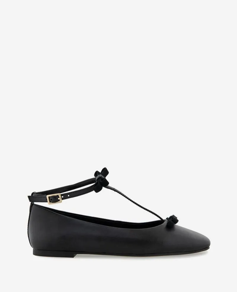 Juliet Leather Bow T-Strap Flat - BLACK LEATHER