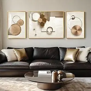 Product Summary: Extra Large Framed Modern Luxury Wall Art for Living Room, 3 Piece Bright Style Art Prints Paintings Artwork for Walls, Contemporary Bronze Gold Geometric Pictures for Hallway Stair Office Wall Decor