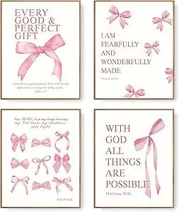 LARTSFRO Coquette Pink Bow Wall Art Decor Posters, Pink Bow Room Bedroom Bathroom Dorm Wall Art Decor Aesthetic for College Teen Girls Gifts, Inspirational Bible Verses Bow Wall Decor, 12x16 Inch Set of 4 Pcs Bow Pictures (UNFRAMED)