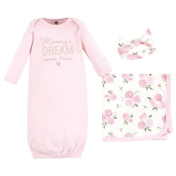 Hudson Baby Infant Girl Gown, Swaddle Blanket and Cap or Headband, Mom Floral, 0-6 Months - Mom Floral