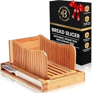 Bread Slicer for Homemade Bread - Adjustable Bamboo Bread Cutter with Knife, Foldable Slicing Guide & Crumb Tray - Bread Loaf Slicer for Sourdough, Cakes, Bagels, Loaves - Kitchen Baking Tool & Gift