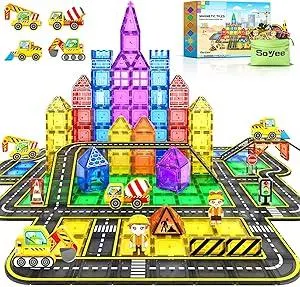 102 PCS Magnetic Tiles Construction Toys Magnet Building Toys for Boys and Girls Ages 3-5 5-7 8-10, STEM Sensory Toys Creative Play Includes Roads, Vehicles, Dolls, Traffic Signs and Construction Sign