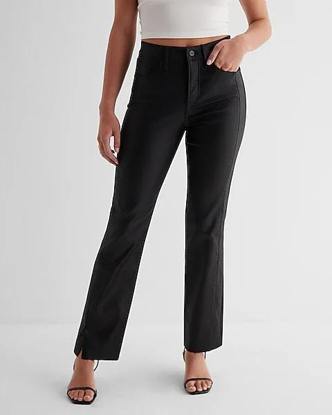 High Waisted Black Coated Raw Split Hem Modern Straight Jeans