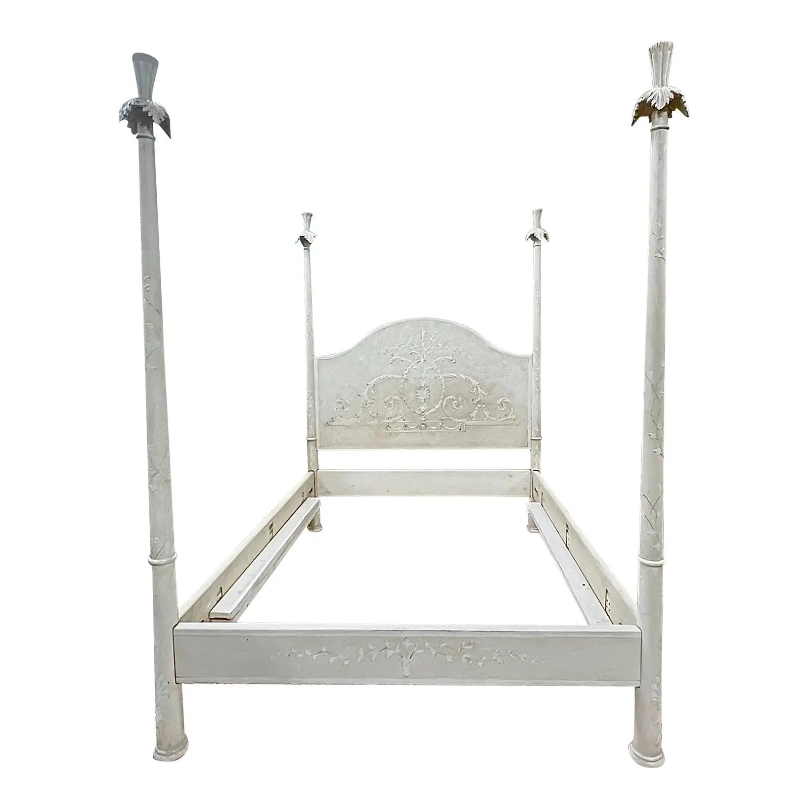 Italian Hand Painted Regency Style Four Poster Queen Bed W/ Palm Fronds by Patina