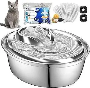 ORSDA Cat Water Fountain Stainless Steel, 2L Pet Fountain for Cats Inside, Dog Water Dispenser, Automatic Cat Drinking Fountains with 6 Replacement Filters for Cats, Small Dogs