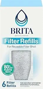 Brita Refillable Water Filter Refill Packs for Pitchers and Dispensers, BPA-Free, 80% Less Plastic*, Each Lasts Two Months, For Use with Refillable Shell (Sold Separately), 6 Filters