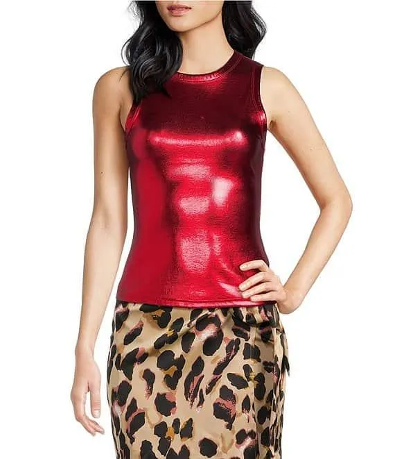 Ribbed Metallic Crew Neck Sleeveless Tank Top