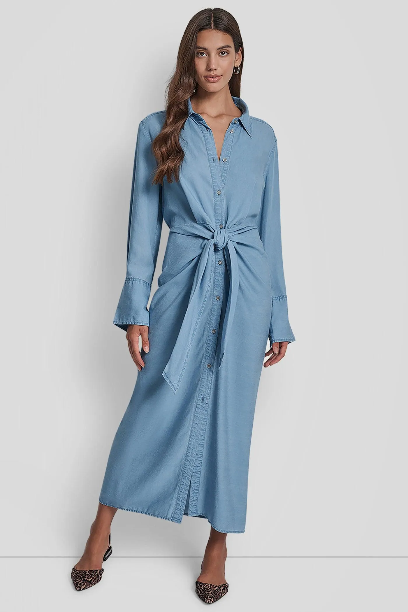 GARMENT DYE LONG SLEEVE BUTTON FRONT SHIRTDRESS