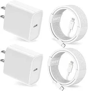 25W iPhone Charger, 2 Pack 25W PD USB C Wall Fast Charger Adapter with 2 Pack 10FT Long Type C to Lightning Cable Compatible with iPhone 14 13 12 11 Pro Max XR XS X,iPad