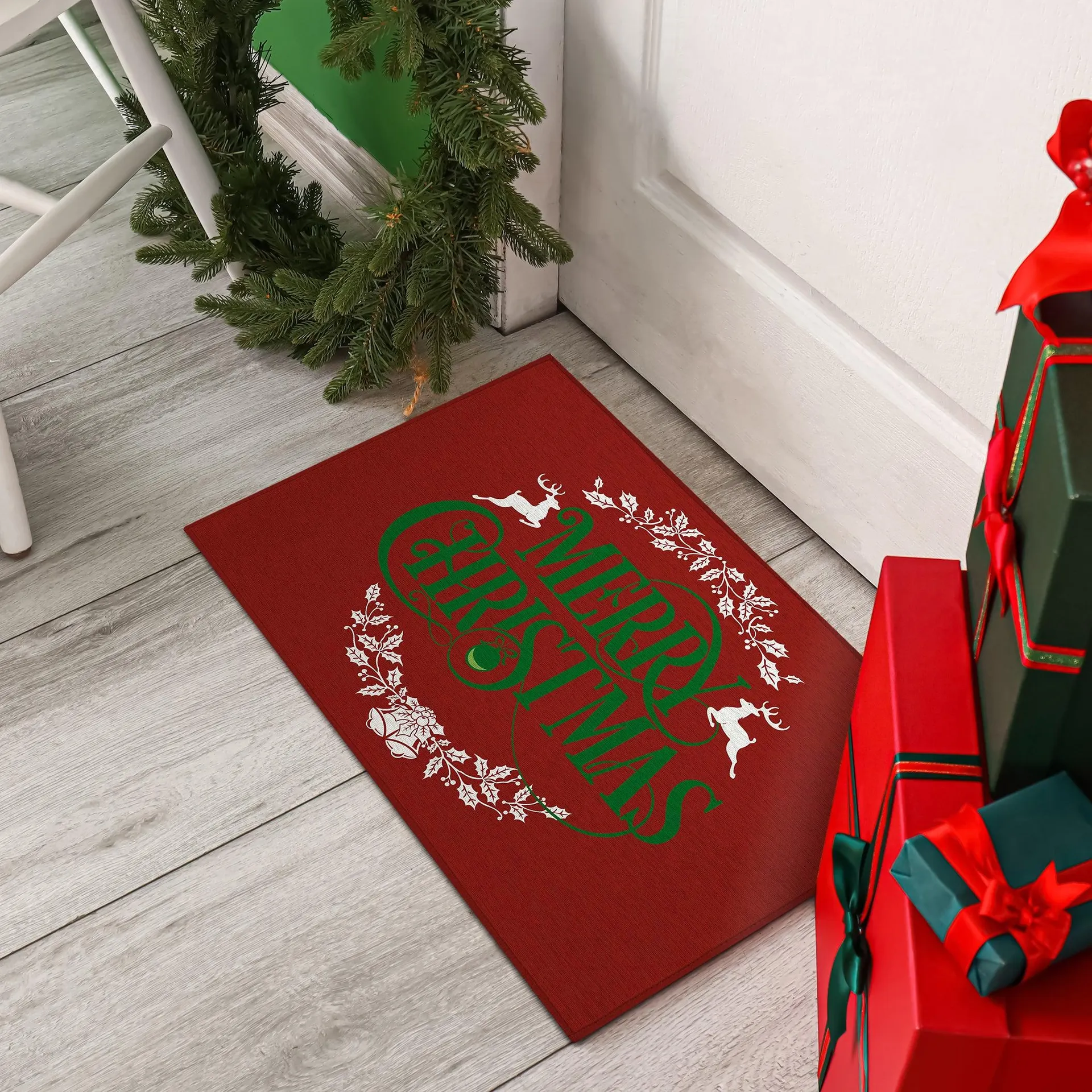 Wonderland Merry Christmas Red Polyester Area Rug