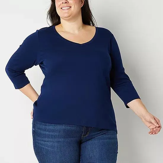 St. John's Bay Womens Plus V Neck 3/4 Sleeve T-Shirt