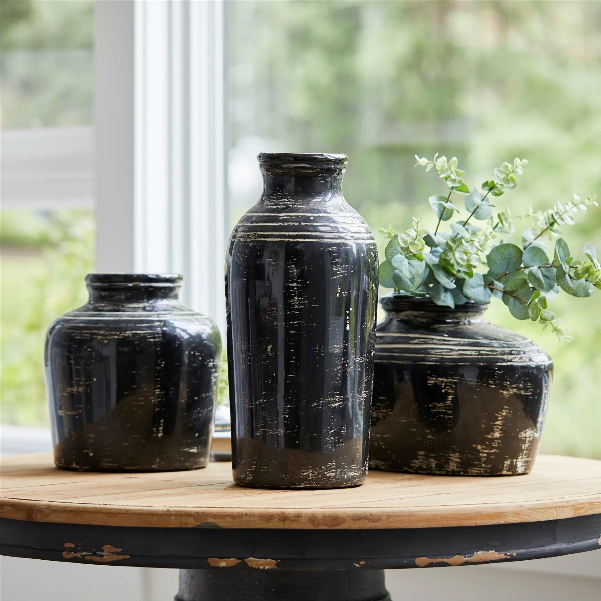 Distressed Black Ceramic 17.5" Vase with Ivory Accent