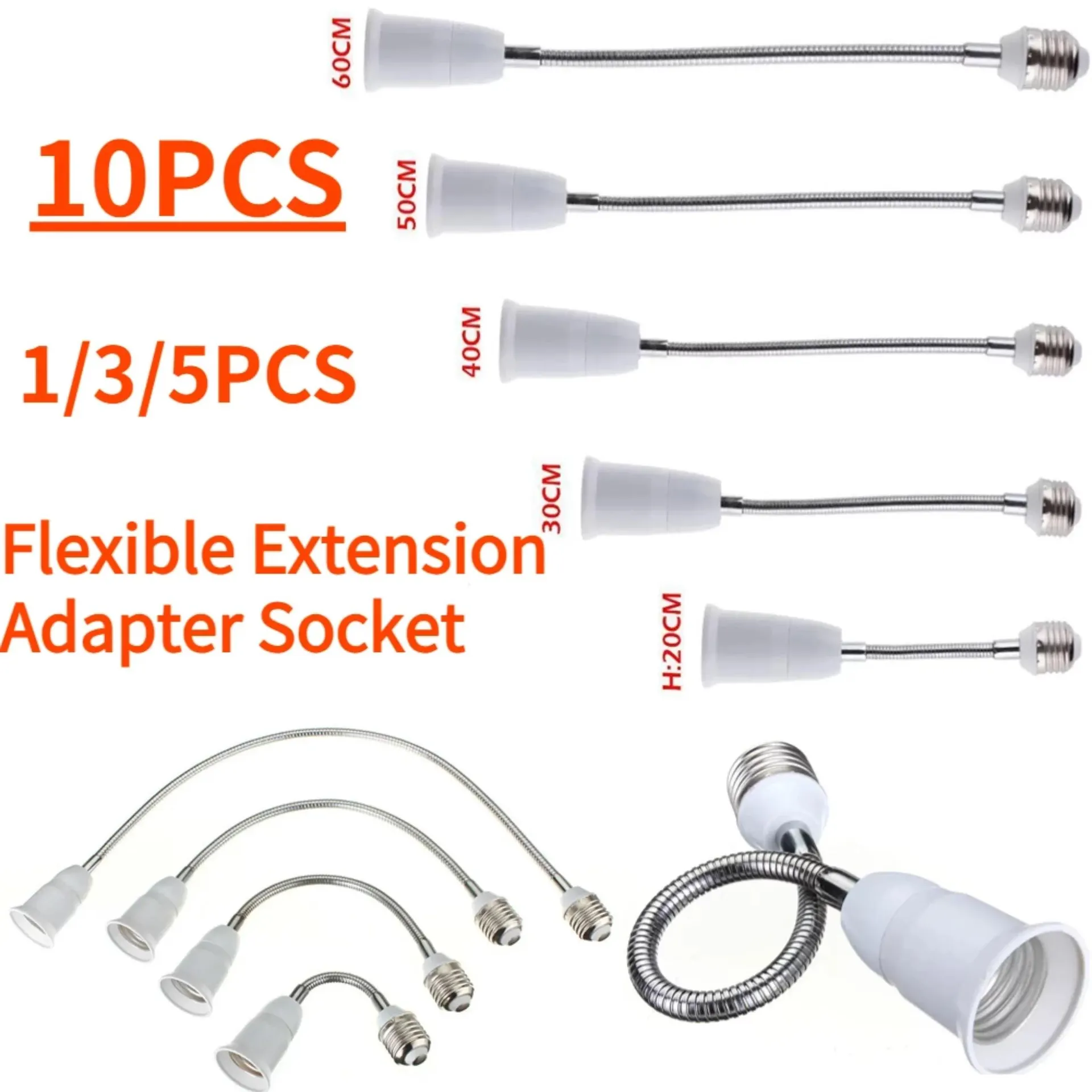 Adaptador de extensión flexible E20 de 60 a 27 cm para lámpara LED, adaptador de extensión para bombilla, enchufe de pared, soporte de base de lámpara, enchufe de tornillo.