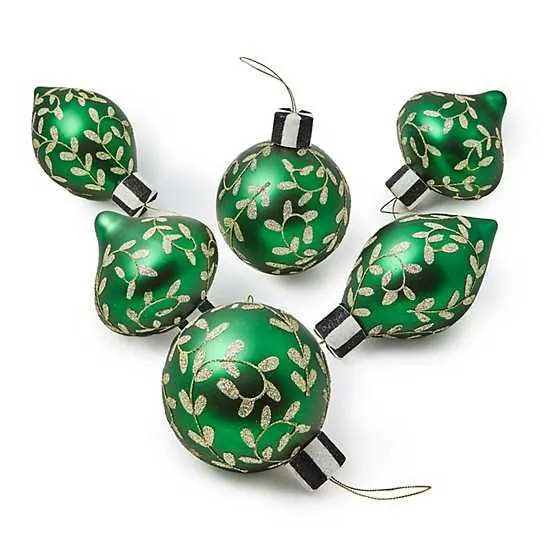 Emerald Luxe Assorted Glass Ornaments, Set of 6