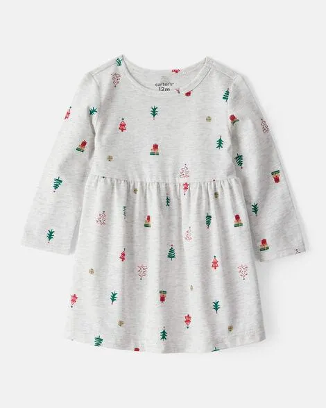 Baby Girl Christmas Tree Print Long-Sleeve Dress