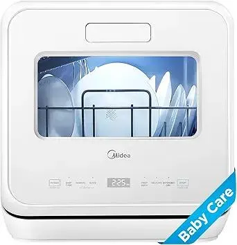 Midea MDC17P4CWW Portable Countertop Mini 5L Built-in Water Tank, Baby Care, No Hookup Needed, 360° Dual Spray,High-Temp wash, Dishwasher for Apartments& RVs, White, Whole
