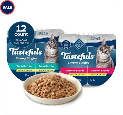 Blue Buffalo Tastefuls Savory Singles Salmon and Tuna Natural Wet Cat Food Cuts in Gravy Variety Pack, 2.6 oz., Count of 12