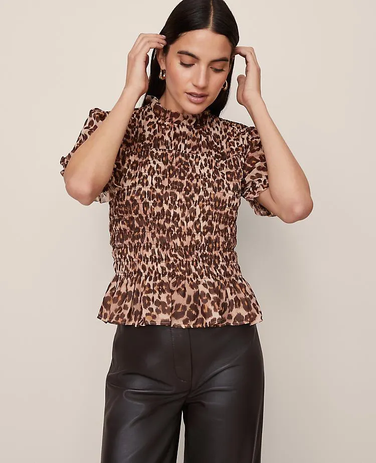 Animal Print Smocked Ruffled Top