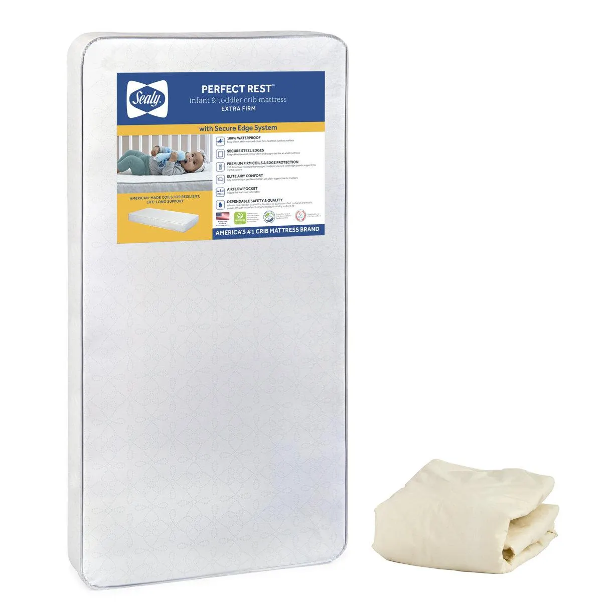Sealy Baby Premium Firm Hypoallergenic Baby Crib Mattress & Toddler Bed Mattress, Waterproof Baby Mattress, 150 Coils, Air Quality Certified, 52"x28"