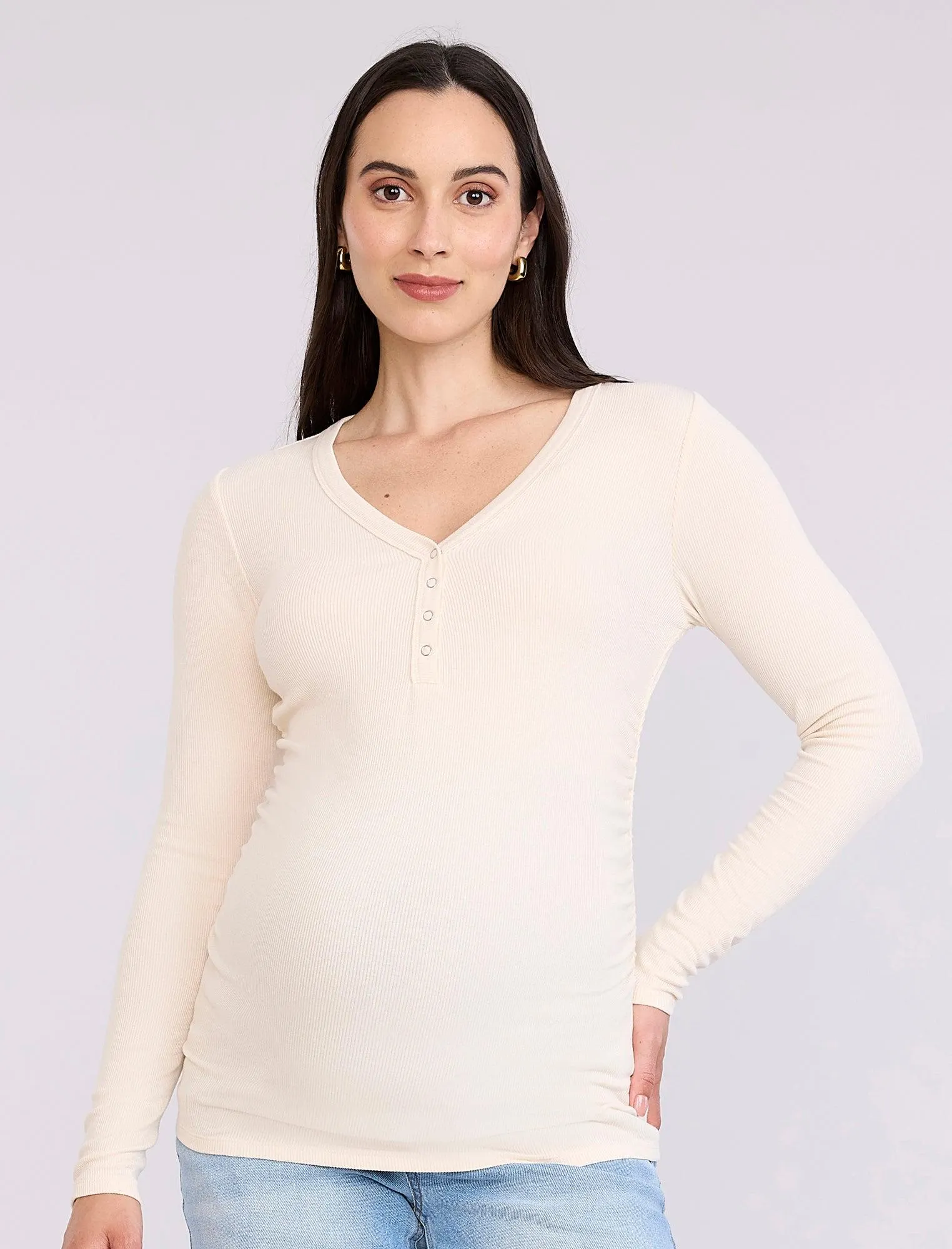 Side Ruched Long Sleeve Henley Maternity Rib Tee