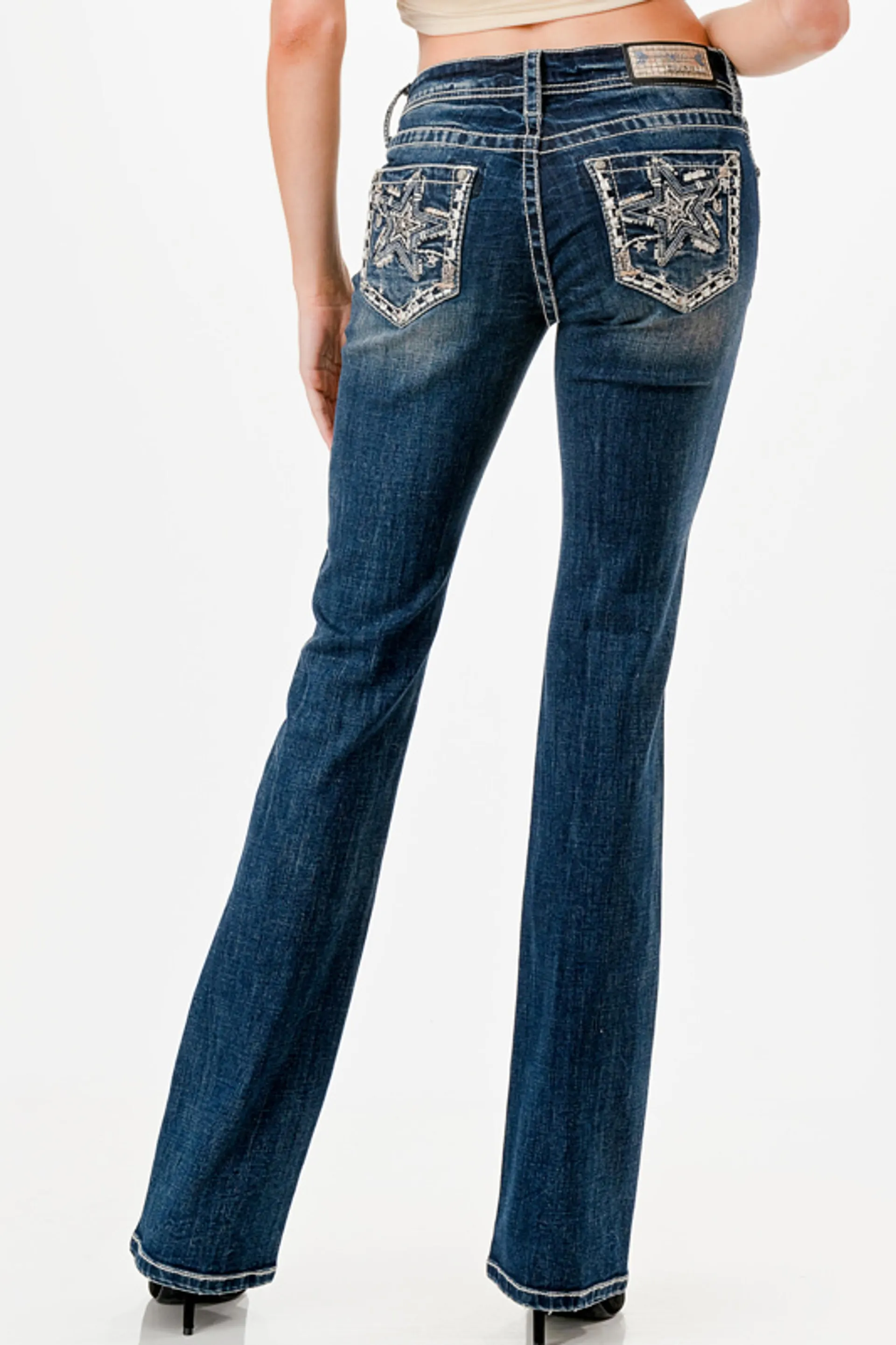Grace in LA Ladies Star Embellished Border Mid Rise Dark Wash Denim Bootcut Jeans