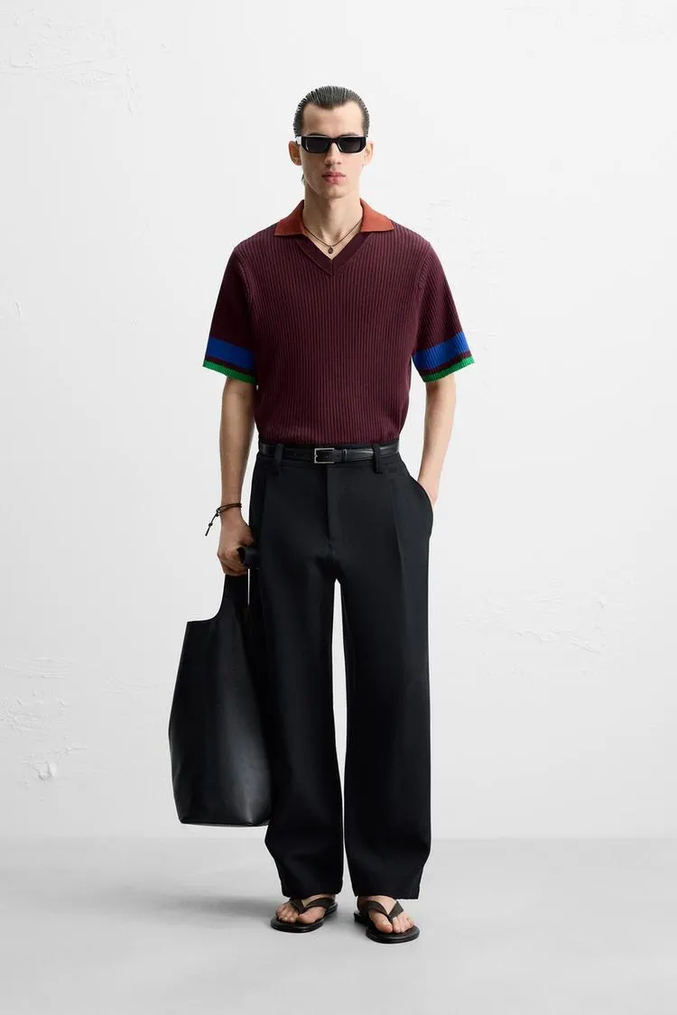 COLOR BLOCK RIBBED KNIT POLO SHIRT