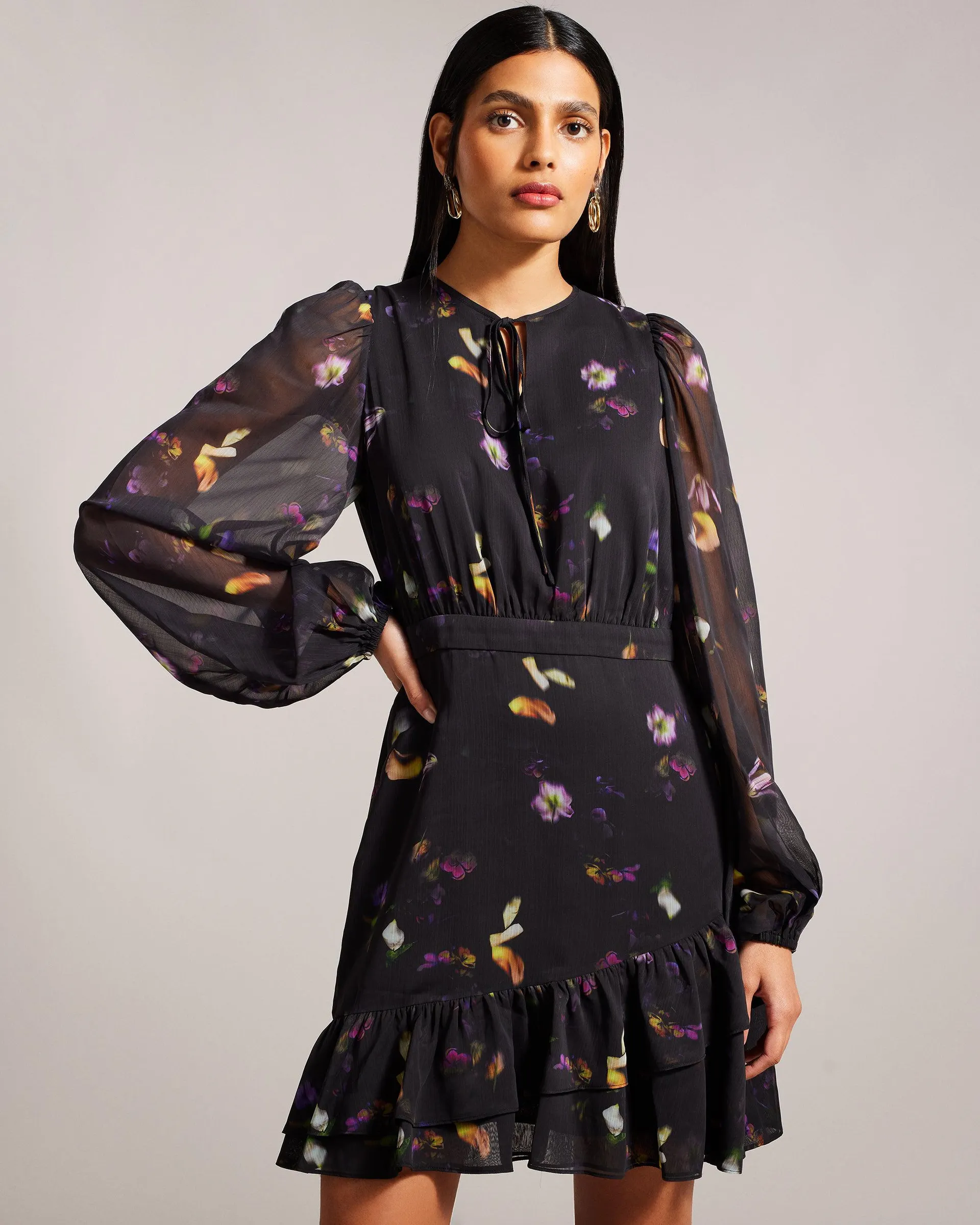 Nikaii Scattered Floral Ruffled Mini Dress Black